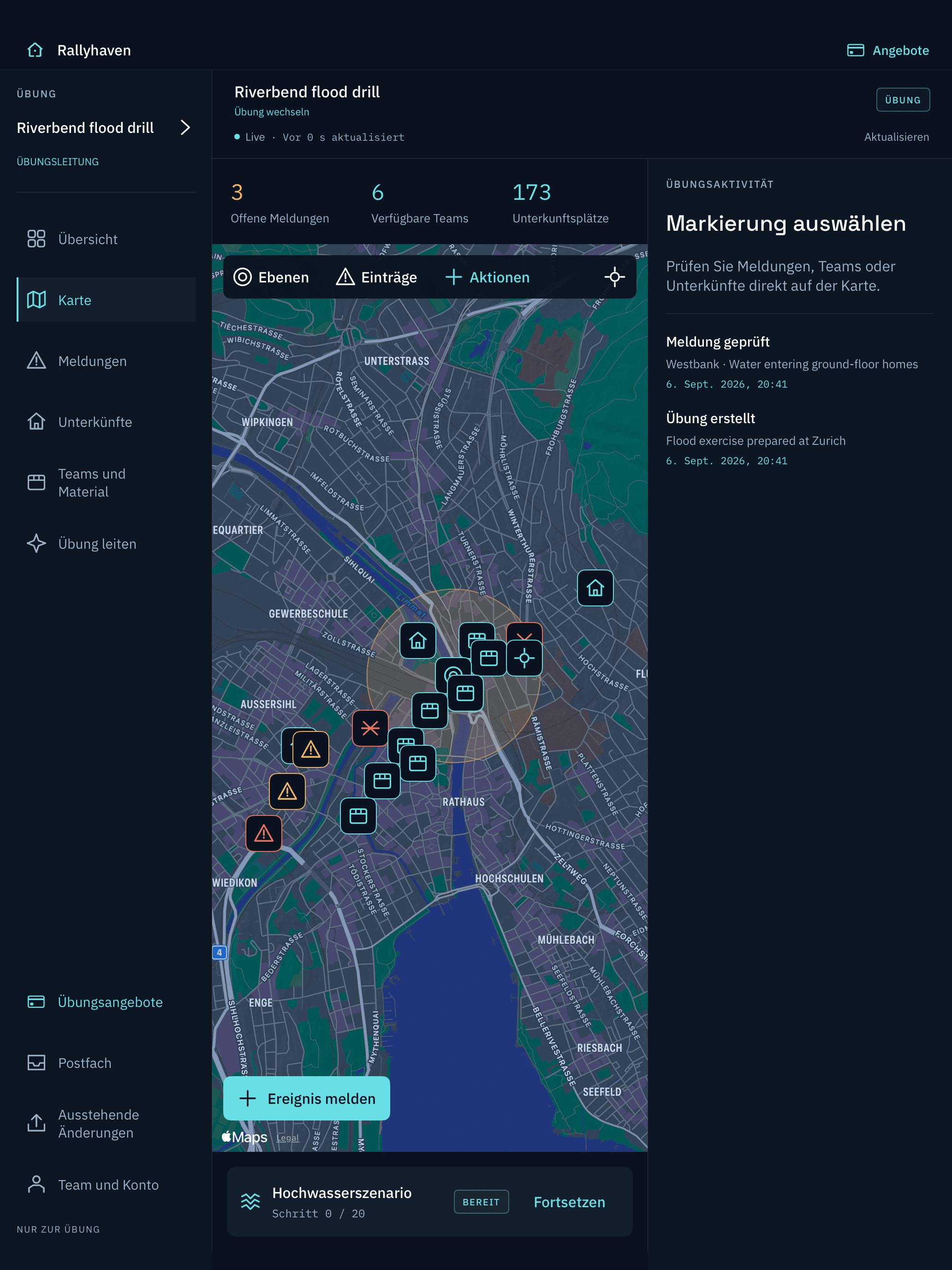 Echte Rallyhaven-Übungskarte auf iPad mit Ereignissen, Unterkünften, Teamverfügbarkeit und gemeinsamer Aktivitätsleiste.