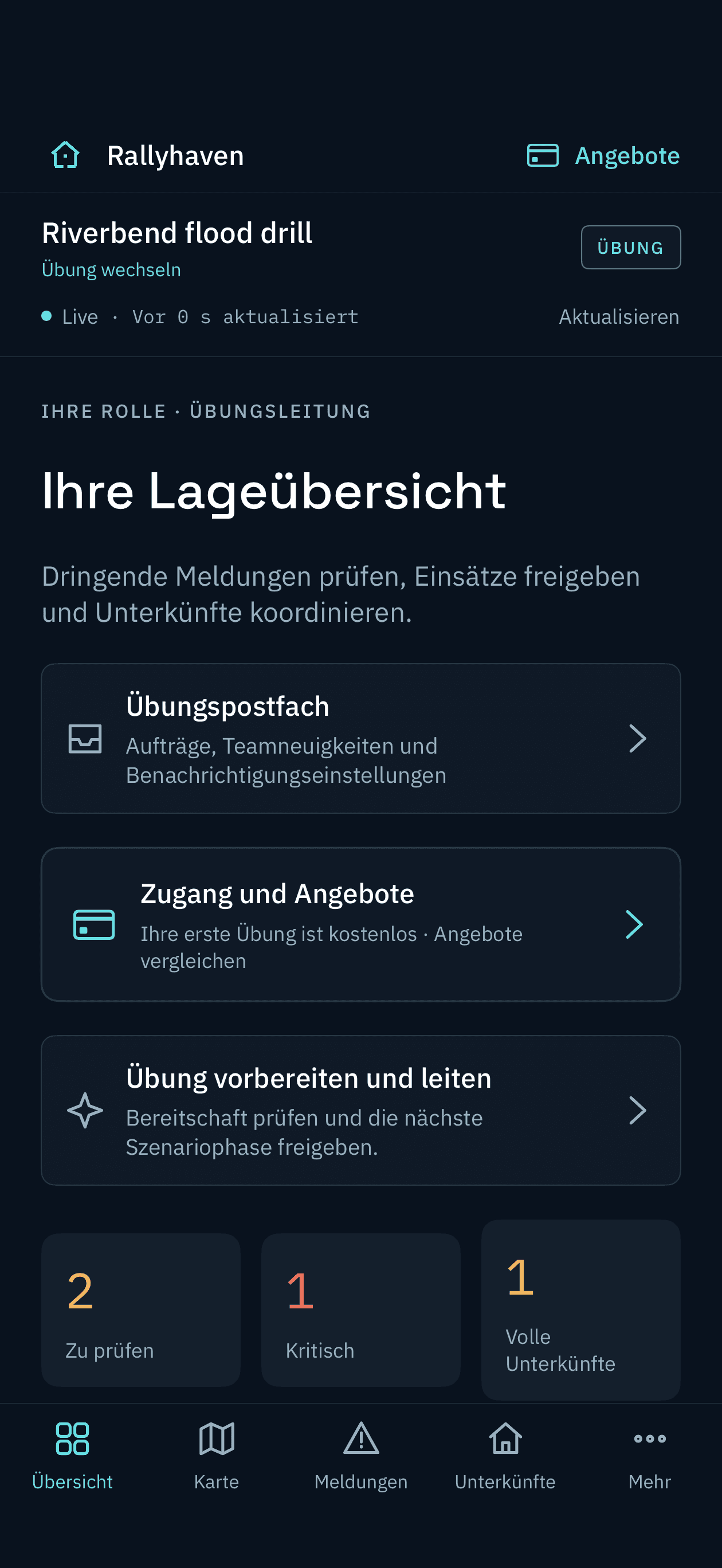 Echte Rallyhaven-Startseite auf iPhone mit Hochwasserübung Riverbend, Szenarioeinrichtung und Übungsstatus.
