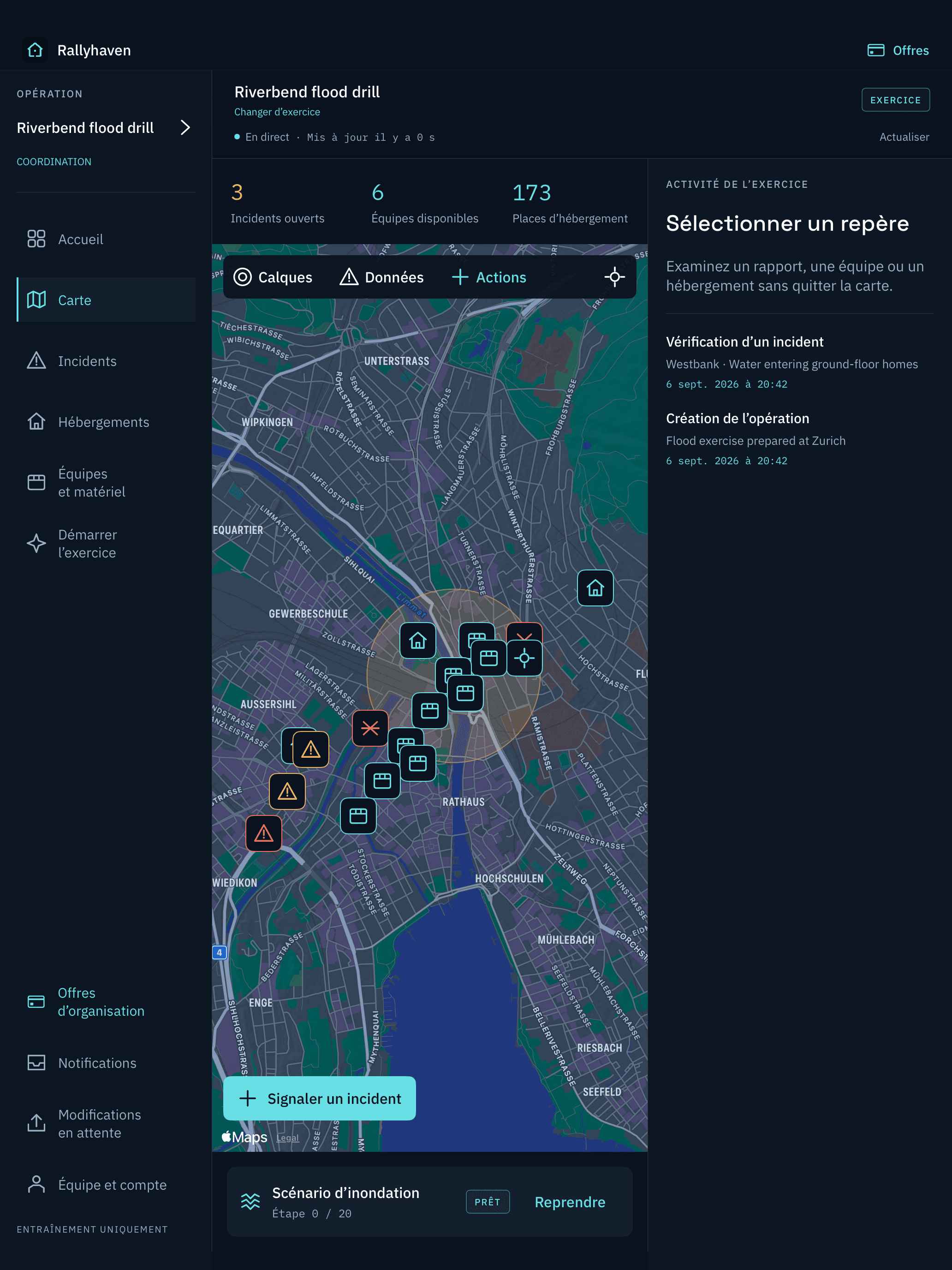 Carte réelle de Rallyhaven sur iPad avec incidents, hébergements, disponibilité des équipes et activité partagée.