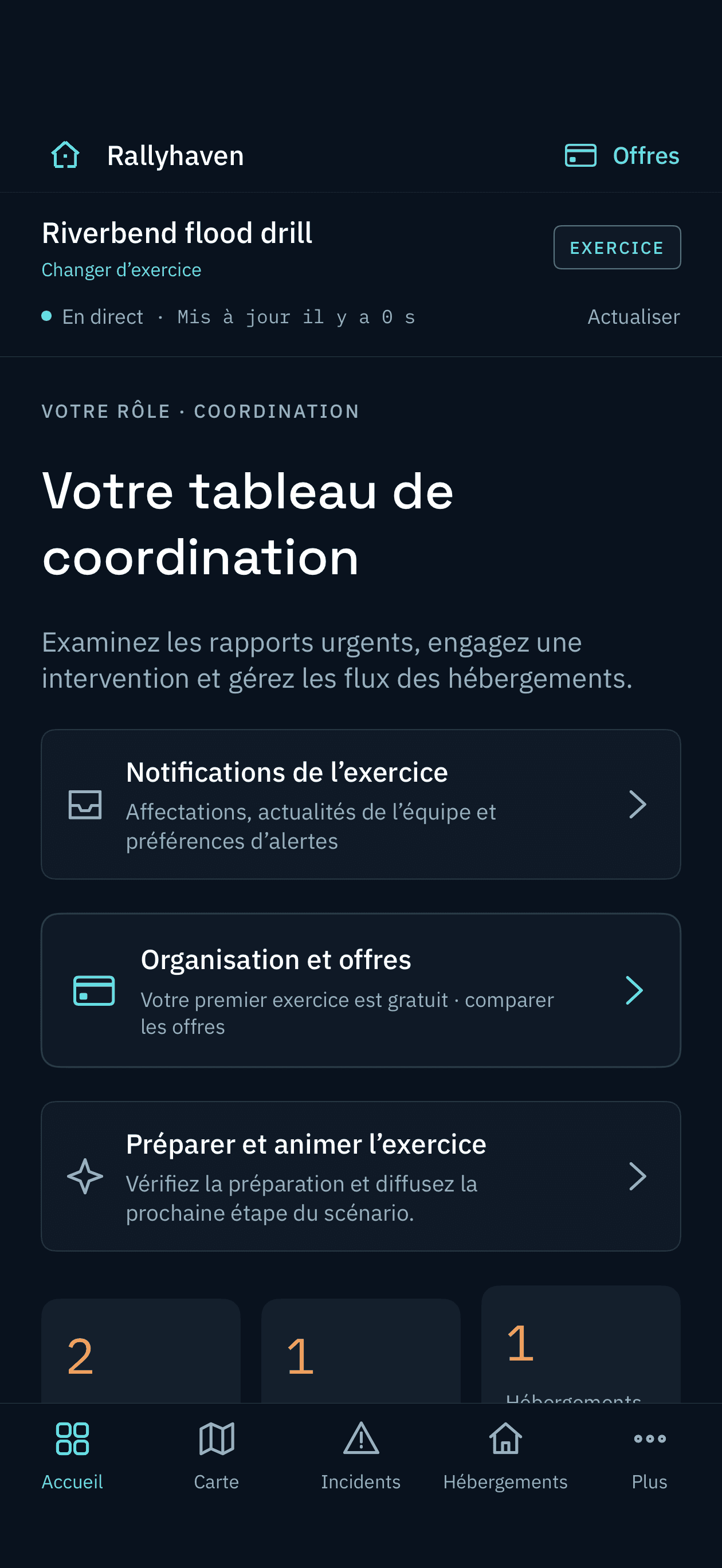 Accueil réel de Rallyhaven sur iPhone avec l’exercice d’inondation Riverbend, sa configuration et son état.
