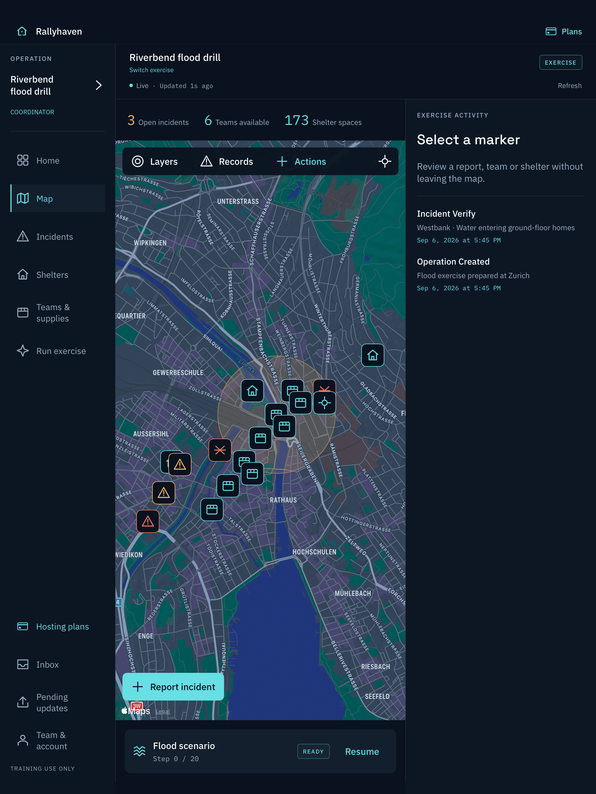 Actual Rallyhaven iPad exercise map with incident markers, shelters, team availability and a shared activity sidebar.